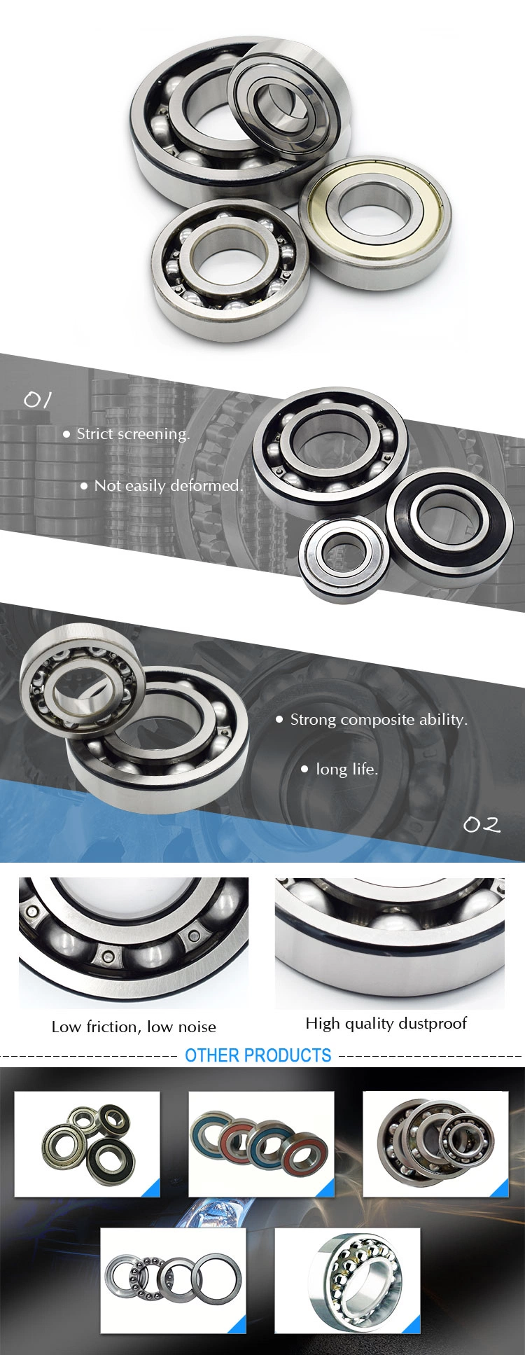 High Speed/Temp/Precision Deep Groove Ball Bearing, Angular Contact Ball Bearing, Thrust /Self-Aliging Ball Bearing, Thin Section Bearing, Insert Ball Bearing